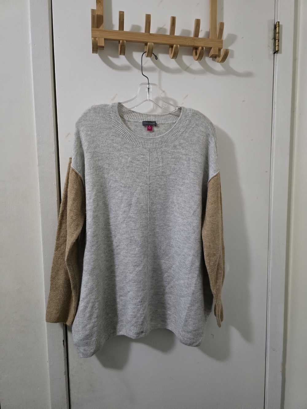 Vince Camuto Two-Tone Crewneck Sweater in Light Gray and Tan